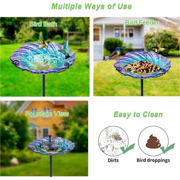 Glass Bird Bath for Outside Blue Birdbath Bowl & Birdfeeder with Metal Stake - Picture 5 of 7